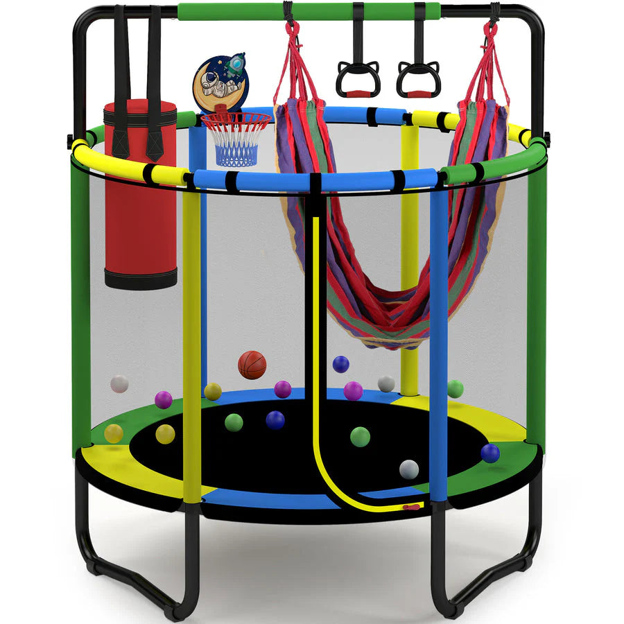 šMini Round Trampoline for Kids with Basketball Hoopš