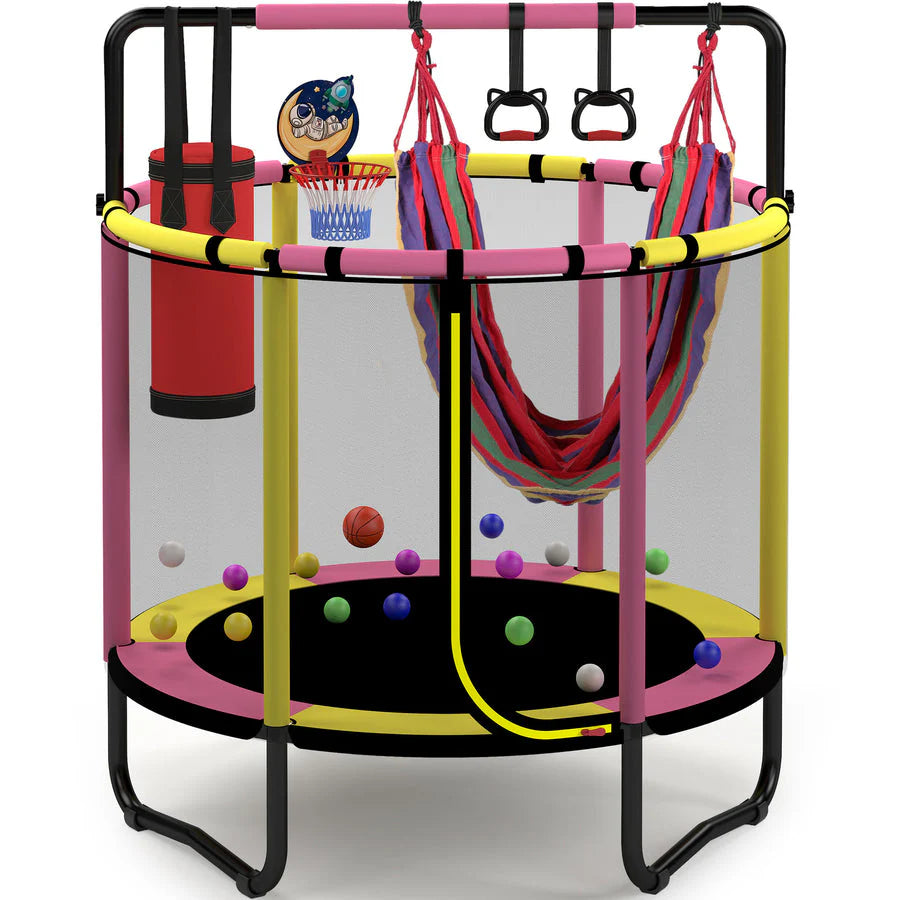 šMini Round Trampoline for Kids with Basketball Hoopš
